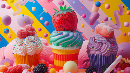 Colorful cupcakes with candies and jelly candies on colorful backgroundの素材