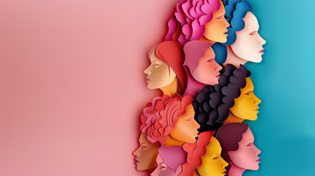 Multicolored female heads in profile on a pink background. 3d renderingの素材