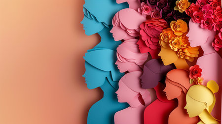 Abstract background with multicolored female heads and flowers. Vector illustration.の素材
