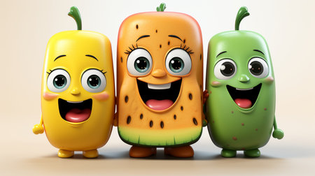 3d rendered illustration of papaya and watermelon cartoon characters.の素材