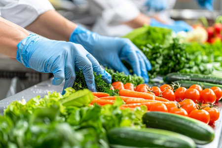 Close-up of female hands in blue gloves working with fresh vegetables in supermarketの素材