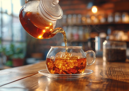 Cup of tea with ice on wooden table in cafe, closeupの素材