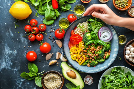 Healthy vegetarian salad with quinoa, chickpeas, avocado, tomatoes, green beans, spinach, arugula and garlic on a dark concrete background. Top viewの素材