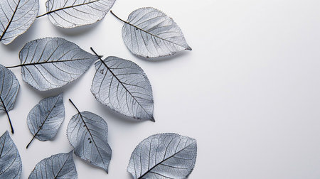 Silver leaves on white background. Flat lay, top view, copy spaceの素材