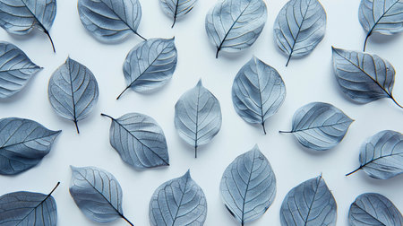Blue leaves pattern on white background. Flat lay, top view minimal concept.の素材