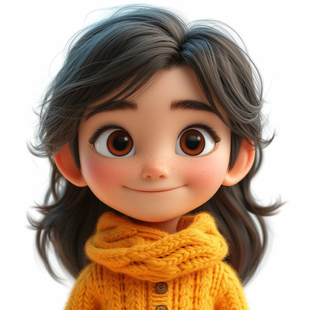 3D rendering of a cute little girl in a yellow sweater and scarfの素材
