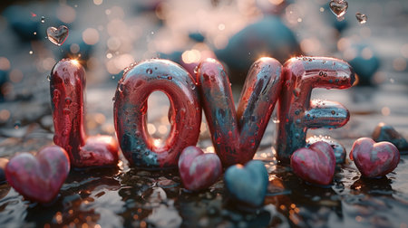 Valentine's day background. Love word made of water drops.の素材