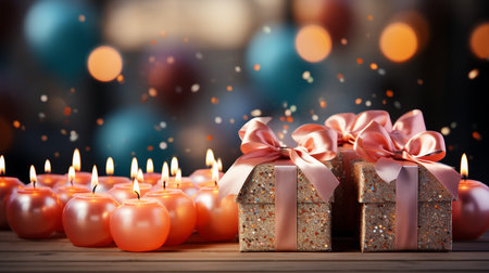 Burning candles and gift boxes on wooden table with bokeh backgroundの素材