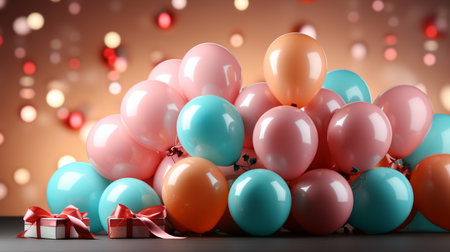 Colorful balloons with gift boxes on table against bokeh backgroundの素材
