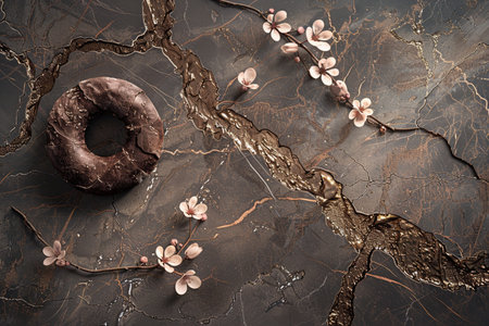 Chocolate donut with cherry blossom branch on black marble backgroundの素材