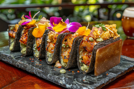 Sushi roll japanese food style on black stone plate.の素材