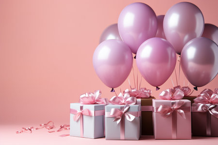 Gift boxes with pink balloons on pastel pink background. 3d rendering.の素材