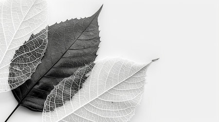 Black and white leaves on white background with copy space. Flat lay.の素材
