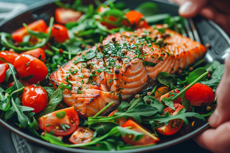 Salmon steak with arugula and cherry tomatoes. Healthy food.の素材