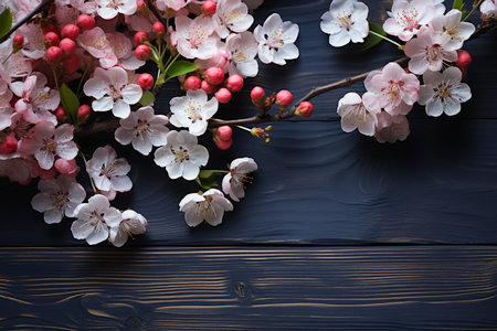 cherry blossom on black wooden background with copy space for textの素材