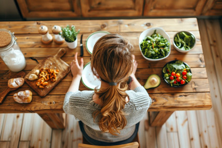 Top view of young woman sitting at wooden table and preparing salad.の素材