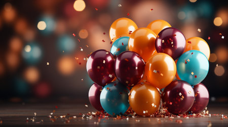 Colorful balloons and confetti on wooden table with bokeh backgroundの素材