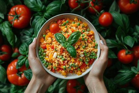 Female hands holding bowl with couscous and vegetables, top viewの素材