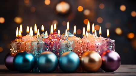 Burning candles with Christmas baubles on bokeh backgroundの素材
