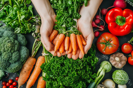 Female hands holding fresh organic carrots with different vegetables on dark background, top viewの素材