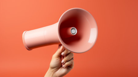 Female hand holding a megaphone on a red background with copy spaceの素材