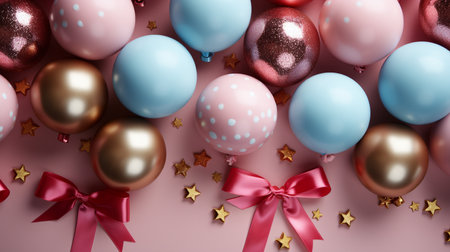 3d rendering of pink and blue christmas balloons with ribbonsの素材