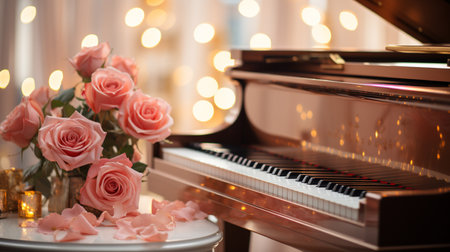 piano with pink roses on a white table in the room.の素材