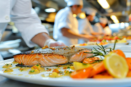 chef in hotel kitchen preparing and decorating food, delicious fishの素材