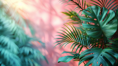 Tropical palm leaves on blurred background with bokeh effectの素材