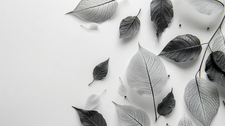 Silver leaves on a white background. Gray leaves on a white background.の素材