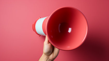 Female hand holding a red megaphone on a pink background.の素材