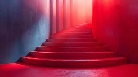 Staircase with red light in a dark room. 3d renderingの素材