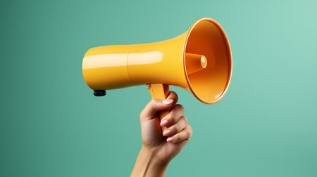 Close up of human hand holding megaphone on color background.の素材