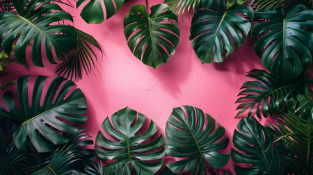 Creative layout made of tropical leaves on pink background. Flat lay, top view minimal summer concept.の素材