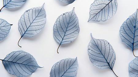 Blue leaves on a white background. Flat lay, top view.の素材