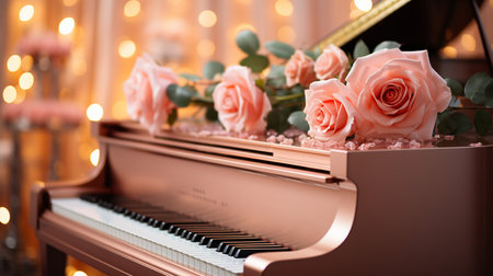 Piano with beautiful roses on blurred background, closeup. Musical instrumentの素材