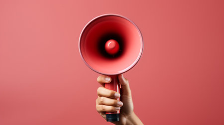 Female hand holding a megaphone on a red background with copy spaceの素材