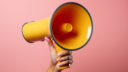 Female hand holding a megaphone on a pink background with copy spaceの素材