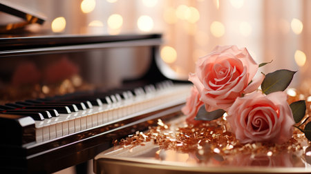 Beautiful pink rose and piano on blurred lights background, closeupの素材
