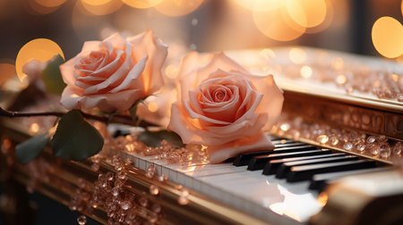 Piano keys and rose flowers on golden background with bokehの素材