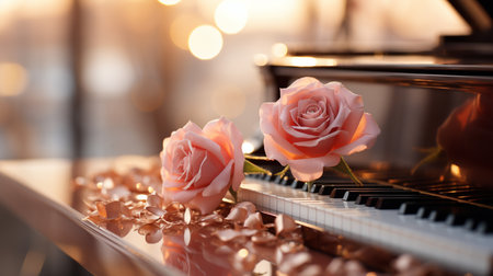 Beautiful pink roses and piano keys on blurred background, closeupの素材