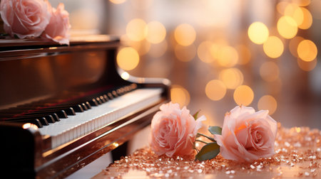 Beautiful roses and piano on bokeh background, closeupの素材