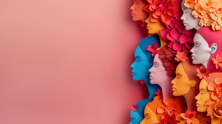 3d rendering of woman face with paper flowers on pink background.の素材