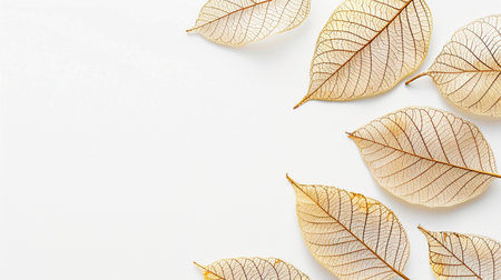 Golden dry leaves on white background. Flat lay, top view.の素材