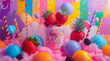 Funny cake in the form of a pineapple, strawberries, blueberries, blueberries and colorful balloons. 3d renderingの素材