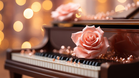 Piano with beautiful rose on bokeh background, closeupの素材
