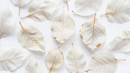 White dry leaves on white background. Flat lay, top view.の素材