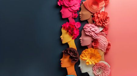 Creative fashion concept photo of female face made of paper flowers.の素材