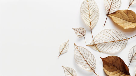 Autumn composition. Dry leaves on white background. Flat lay, top view, copy spaceの素材
