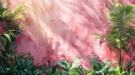 Tropical leaves on pink wall background. 3d illustration.の素材